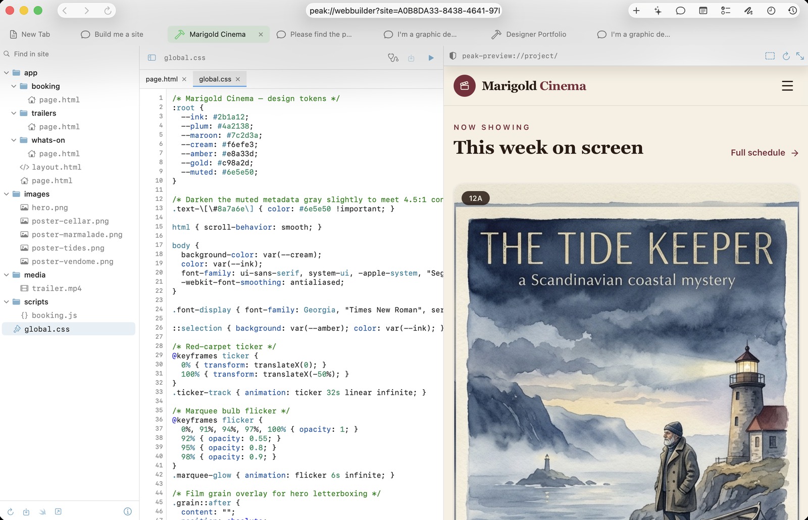 Peak with a site open: the file tree on the left, global.css in the editor, and the finished cinema page rendering live in the preview beside it